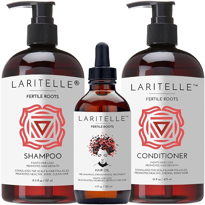 Laritelle Organic Hair Growth Set Shampoo 17 oz + Conditioner 16 oz + Hair Loss Treatment 4 oz Ayurvedic Herbs, Lavender, Ginger, Rosemary NO GMO, Sulfates, Gluten, Alcohol, Parabens, Phthalates