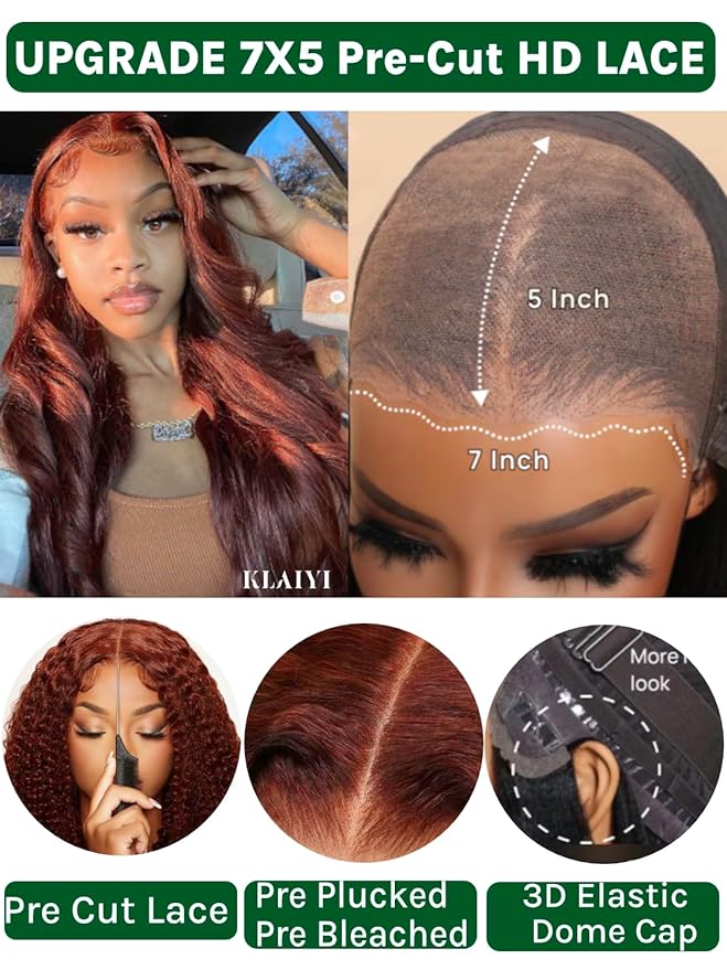 KLAIYI Bye Bye Knots Glueless Wig Reddish Brown Body Wave 7x5 Pre Cut HD Lace Front Wigs Human Hair Put On And Go Wig Pre Bleached Pre Plucked with Baby Hair 30S Ready To Wear 150% Density Full 20Inch