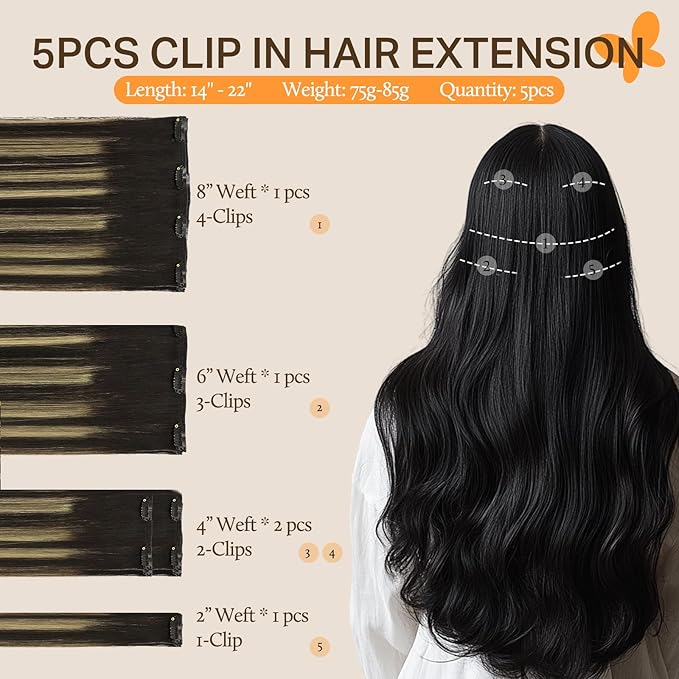 DOORES Hair Extensions Clip in Human Hair, 80g 5pcs Natural Black 20 Inch Clip in Human Hair Extensions Natural Hair Extensions Straight