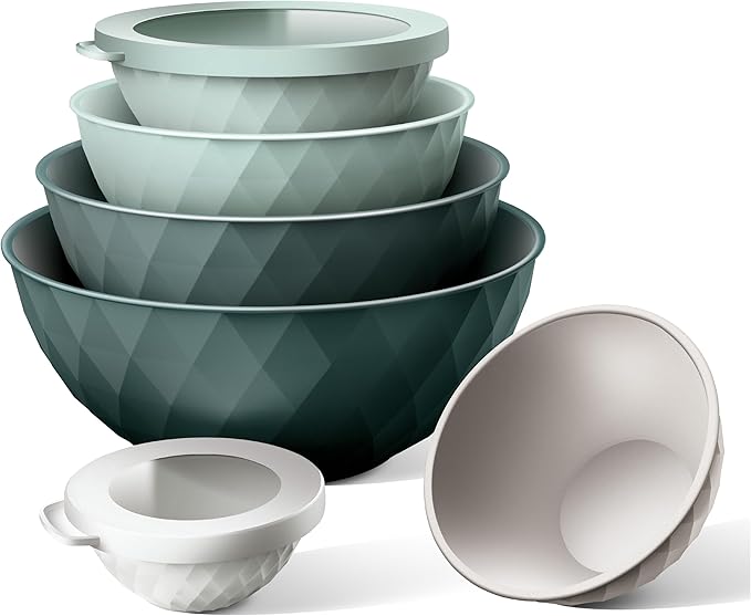 COOK WITH COLOR Mixing Bowls with Lids - 12 Piece Plastic Nesting Bowls Set includes 6 Prep Bowls and 6 Lids, Diamond Design - Microwave Safe, Green