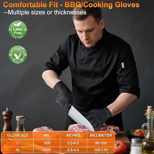 BBQ Gloves for Cooking Baking Grilling, 100 Count Disposable Nitrile Gloves and 4 Count Cotton Glove Liners Washable (10mil Nitrile, X-Large)