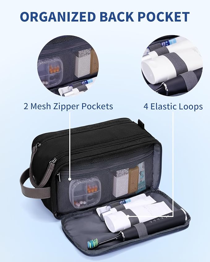 WANDF Toiletry Bag for Men Travel Toiletry Organizer Canvas and Leather Dopp Kit Water-Resistant Shaving Bag for Travel Accessories (Black, Medium)