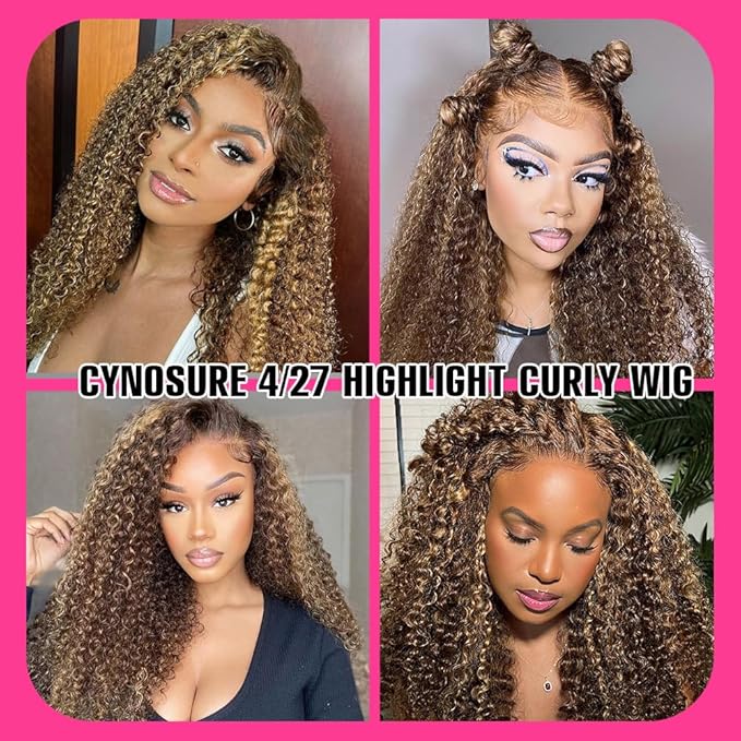 CYNOSURE 13x5 Highlight Ombre Deep Wave Curly Lace Front Wigs Human Hair 26Inch Honey Blonde Deep Curly Wig HD Transparent Lace Frontal Wigs Pre Plucked 180 Density Human Hair for Women