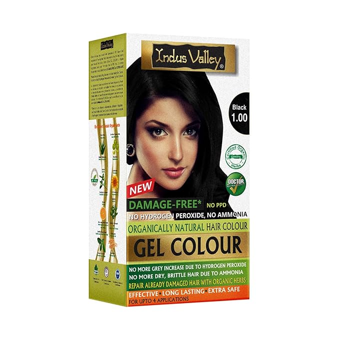 Indus Valley Organic Damage Free Gel Hair Color | Gray Coverage of Resistant Gray Hairs - Ammonia-Free & Vegan - Salon Influenced Hair Dye | Permanent Hair Dye For Women, Black 1.0, 8.45 fl. oz.