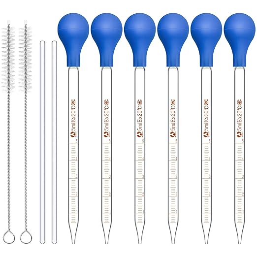 Weewooday Glass Droppers Pipettes Graduated Lab Dropper Glass Liquid Pipette with Big Rubber Hats 20 cm Stir Rod Washing Brush Transfer for Liquid Essential Oil(16 Pieces,Blue,5 ml)