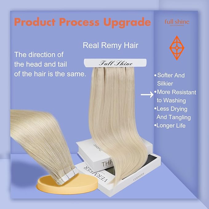 Full Shine Blonde Tape in Extensions Color 60 Blonde Tape in Hair Extensions Human Hair 22Inch Long Extension Seamless Skin Weft for Natural Look 100G 40Pcs Add Volume