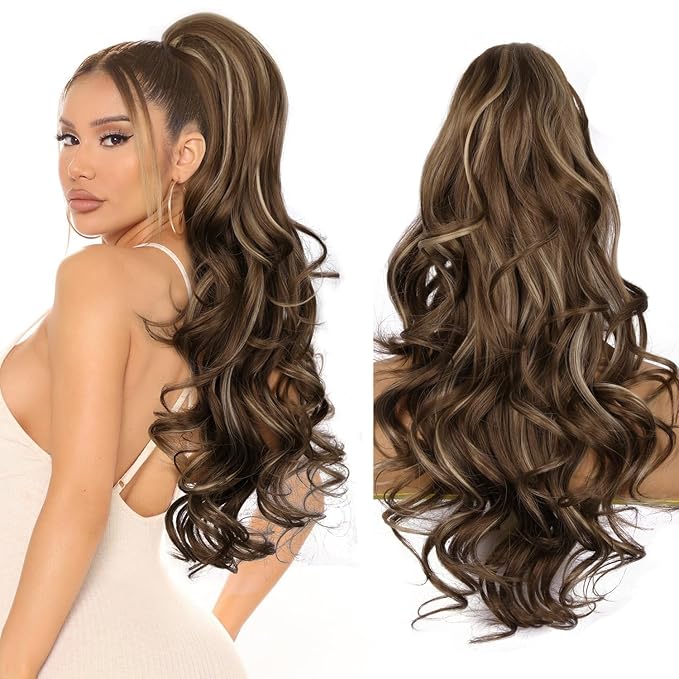 24 Inch Ponytail Extension, Layered Ponytail Extensions for Women, Soft Wavy Claw Clip in Ponytail Extension, Natural Synthetic Hair Pieces for Women (Color: Ash Brown with Beige Blonde Highlights)