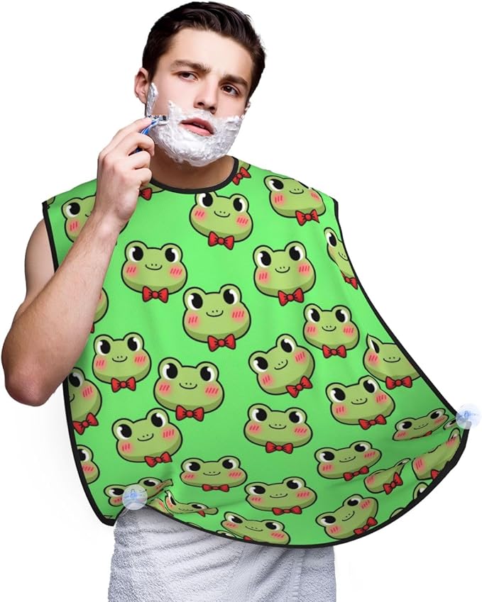 Beard Bib with 3 Suction Cups, Non-Stick Waterproof Hair Catcher Apron, Men's Shaving Essential for Grooming, Green Frog Kawaii Shave Bib