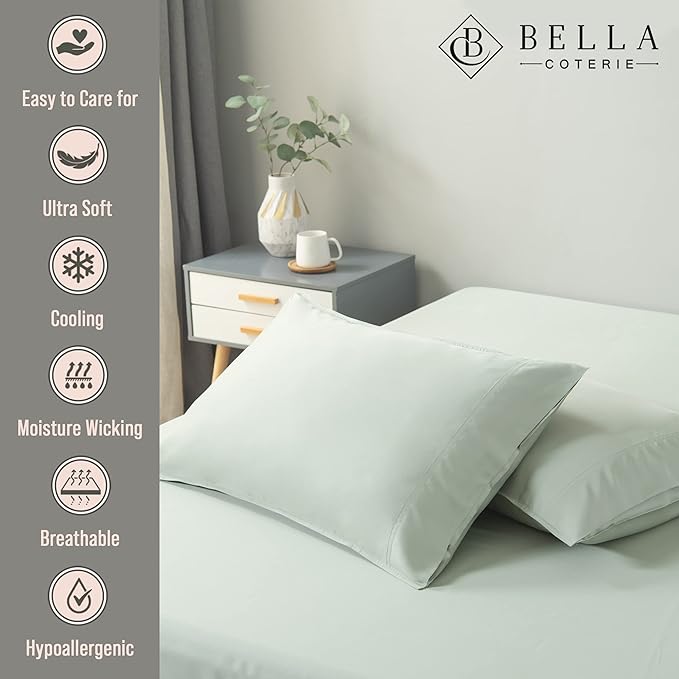Bella Coterie | Luxury Bamboo Viscose Queen Size Pillowcase Set | 100% Organically Grown | Ultra Soft | Cooling | 2 Pcs [Sea Glass]