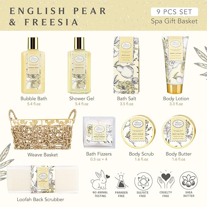 Bath & Shower Spa Gift Basket Set, with English Pear & Freesia Fragrance Bath Gift Basket for Women & Men Includes Body Lotion, Shower Gel, Bath Salts, Bubble Bath, Body Scrub and More, 9 Pcs