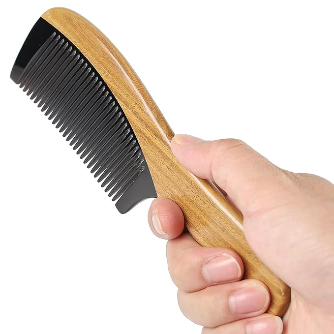 Onedor Natural Green Sandalwood Hair Comb - 100% Handmade Wooden Comb with Buffalo Horn, Fine Tooth, Anti-Static, Relieves Tension, Prevents Tangled Hair and Split Ends - Unisex, 7 x 3 x 2 inches