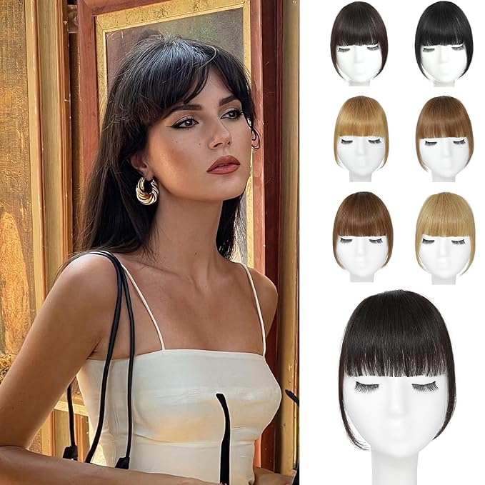 Clip In Bangs-Real Human Hair Brown Black Clip On Bangs Hair Extensions Fake Bangs Human Hair French Bangs Fringe With Temples Hairpieces Curved Bangs For Daily Wear