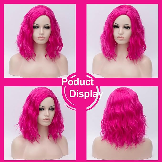 BUFASHION 14" Women Short Hot Pink Kinky Straight Cosplay Synthetic Wigs With Air Bangs 46 Colors Available (Hot Pink)