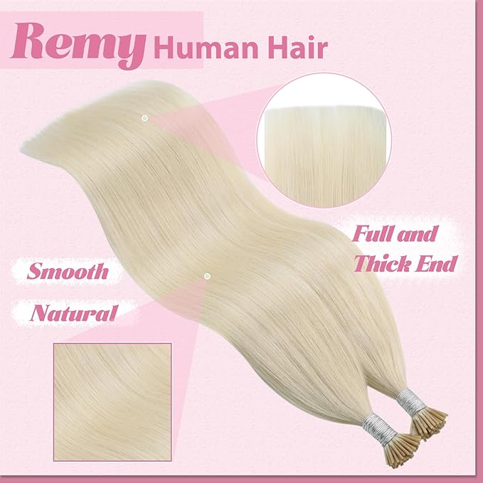 YoungSee Itip Hair Extensions Real Human Hair Blonde I Tip Extensions Platinum Blonde 18 Inch 50g Hair Extension I-Tip for Women 60s Cold Fusion Hair Extension
