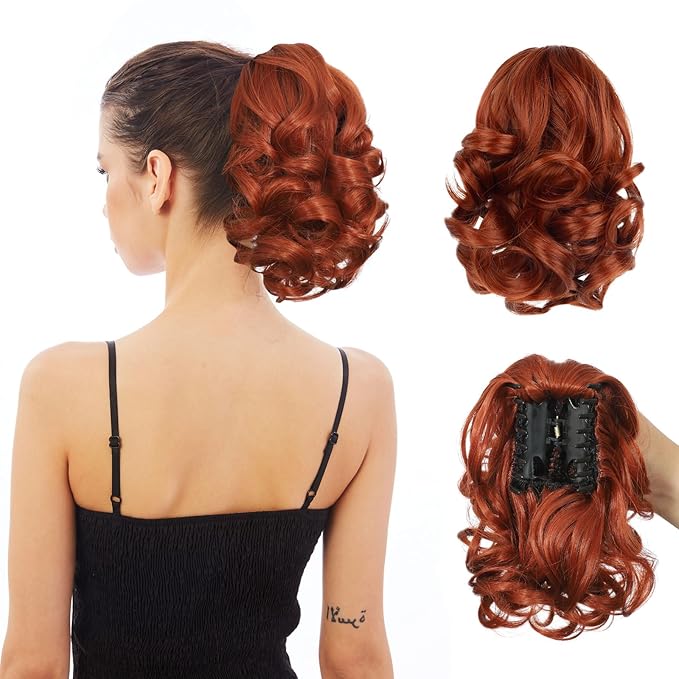 Ponytail Extension, Clip on Ponytails for Women, 9" Claw Clip in Short Curly Wavy Pony Hair Extension for Women - Auburn