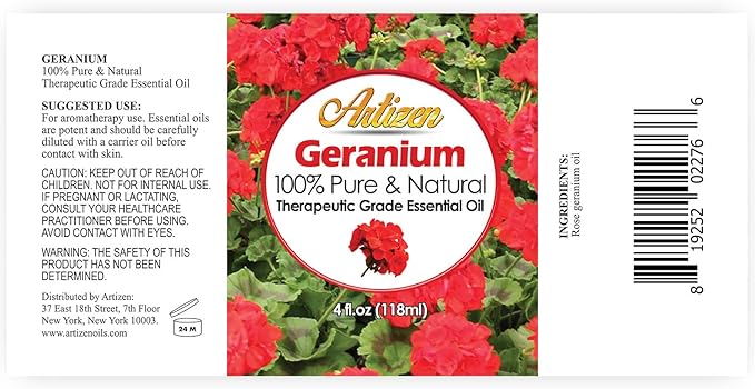 Artizen - Geranium Essential Oil - 4 Fluid Ounces - Pure Germanium Essential Oil - Essential Oils Cleaning - for Skin, Diffuser, Aromatherapy - 118ml