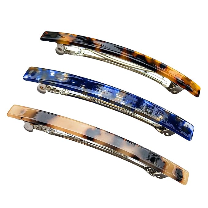 Long French Barrettes for Women Simple Classic Acrylic Resin Hair Clips Tortoise Shell Skinny Large 4 inch No-slip Grip Automatic Clasp Clamp For Thick Hair, 3 Pack