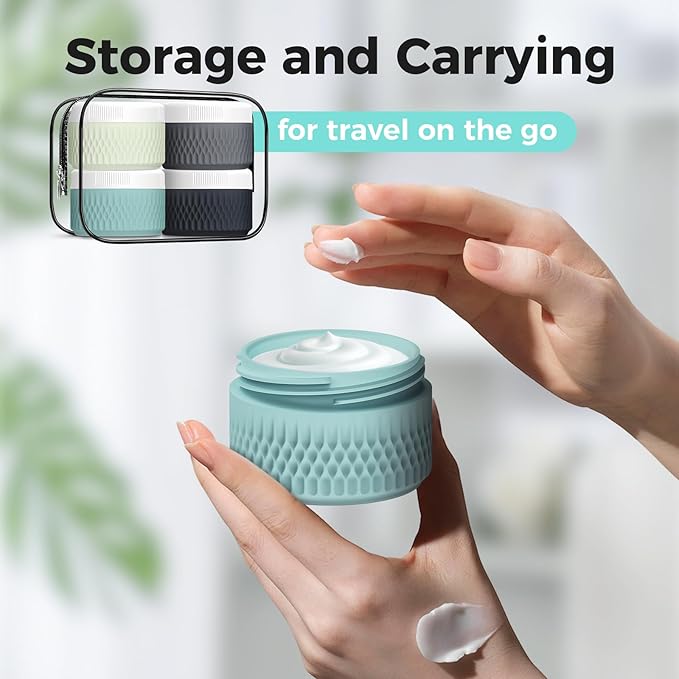 BPA Free Silicone Cream Jars - TSA Approved 3oz Travel Size Containers, Leak-proof with Lid for Cosmetic, Face, Hand, Body Glitters