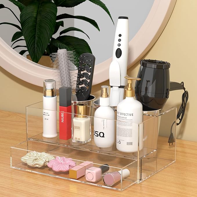 NIUBEE Hair Tool Organizer, Clear Acrylic Hair Dryer and Styling Organizer with Drawer, Bathroom Countertop Blow Dryer Holder, Vanity Caddy Storage Stand for Accessories, Makeup, Toiletries
