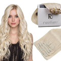RUNATURE Real Human Hair Clip in Extensions, 14 Inch Thick Clip in Hair Extensions, Blonde Hair Extensions Clip Ins, Double Weft Remy Natural Hair, Add Hair Volume, 120g 7pcs #800 Platinum Blonde