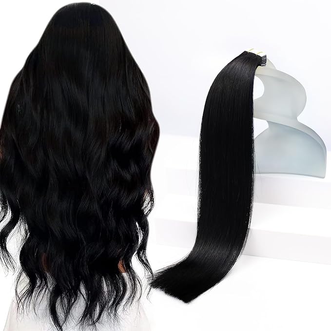 Sunny Hair Tape in Hair Extensions Human Hair 16inch Hair Extensions Real Human Hair Tape in Extensions for Women Jet Black Invisible Remy Hair Natural Straight Skin Weft Double Sided Tapes 20Pcs 50g