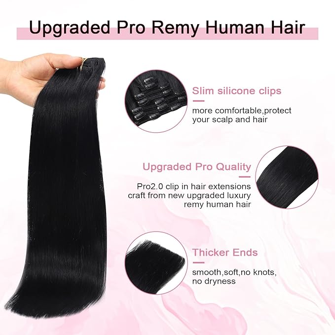 Pro2.0 Remy Real Human Hair Extensions Clip ins 120g Thick 7pcs Color #1 Jet Black Remy Clip in Hair Extensions Real Human Hair 16inch Seamless Double Weft for Women（#1-16inch）