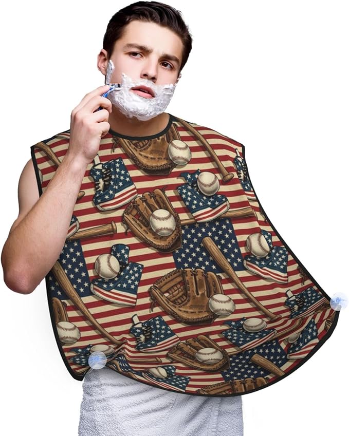Strong Suction Cup Beard Grooming Bib, Non-Stick Hair Catcher, Waterproof, for Shaving, Vintage Ball Baseball American Flag