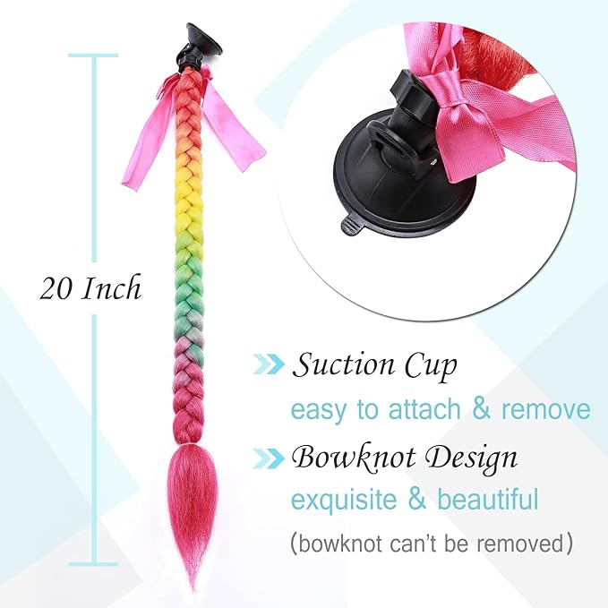 SEGO 1PCS/2PCS Helmet Pigtail Braids with Detachable Suction Cup Bowknot Ponytail Hair Many Colors (Helmet not Included)
