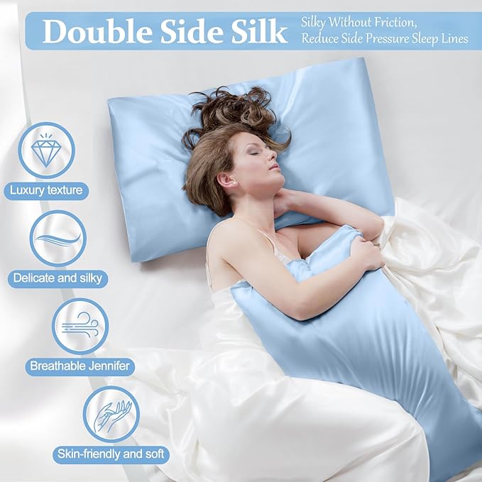 2 Pack 100% Pure Silk Pillowcase for Hair and Skin, Both Sides Mulberry Silk Pillowcases with Hidden Zipper, Cooling Pillowcase 19 Momme, 600 Thread Silk Pillow Cases King Size, Light Blue