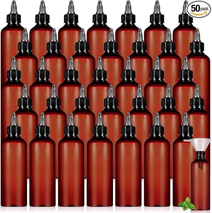 Barydat 50 Pcs 3 oz Squeeze Bottle Twist Top Applicator Bottles Empty Hair Oil Bottle with Funnels Refillable Amber Plastic Bottles for Liquid Hair Oil Shampoo Lotion