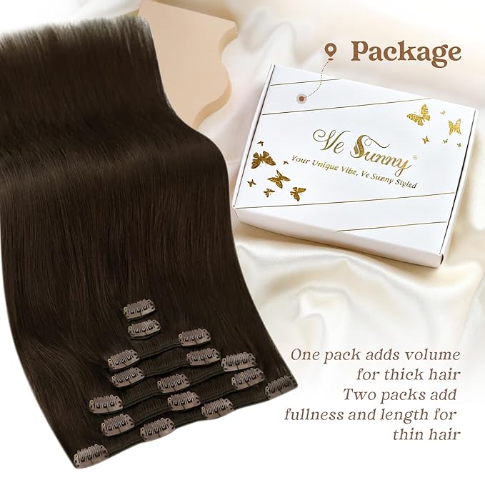 Ve Sunny Dark Brown Hair Extensions Clip ins for Women Human Hair Extensions Clip ins Real Human Hair 18Inch Thick End Clip in Hair Extensions Double Weft 120g