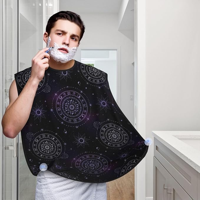 Beard Shaving Cape with Suction Cups, Sacred Geometric Symbol Purple Space Galaxy Stars Mystic Sun Moon Shave Bib, Non-Stick Waterproof Hair Catcher, Grooming Bib for Men Husband
