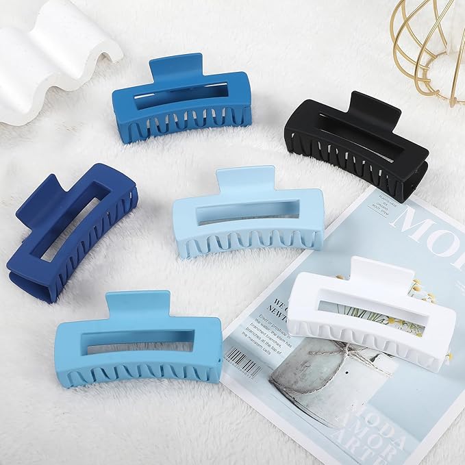 4 Inch Big Hair Claw Clips 6 Pcs Large Claw for Thick Hair Square Hair Clips for Women Rectangle Hair Clips Nonslip Acrylic Banana Jaw Clips Hair Accessories for Girls (Blue)