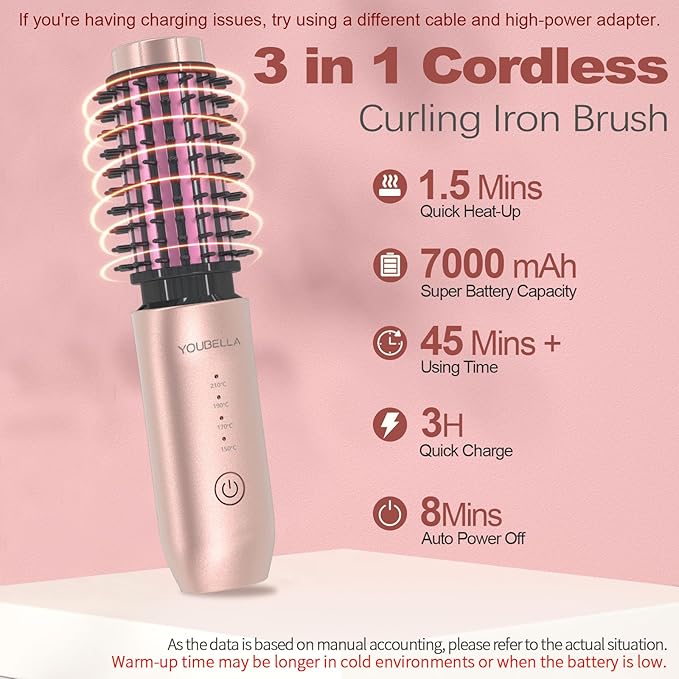Youbella Cordless Hair Curling Iron Brush, Mini Travel Hot Straightener Comb, 3-in-1 Portable Wave Curling Wand, 1.5″ Ionic Heated Brush, USB Rechargeable Hair Curler, Pink – No Automatic Rotation