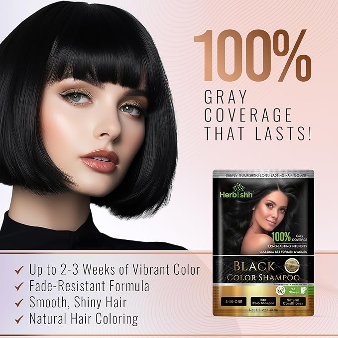 Herbishh Natural Hair Dye Shampoo with Argan Mask - Long-Lasting Color for Gray Hair - Travel Size, 10+1 Pack, Ammonia-Free (Black)