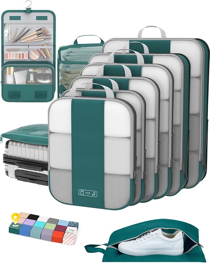 10 Set Compression Packing Cubes for Travel Essentials,Compressible Expandable Packing Cubes for Suitcase,OlarHike Luggage Organizer Bags,Handy Helper for Organizing Clothes(Dark Blue Green)