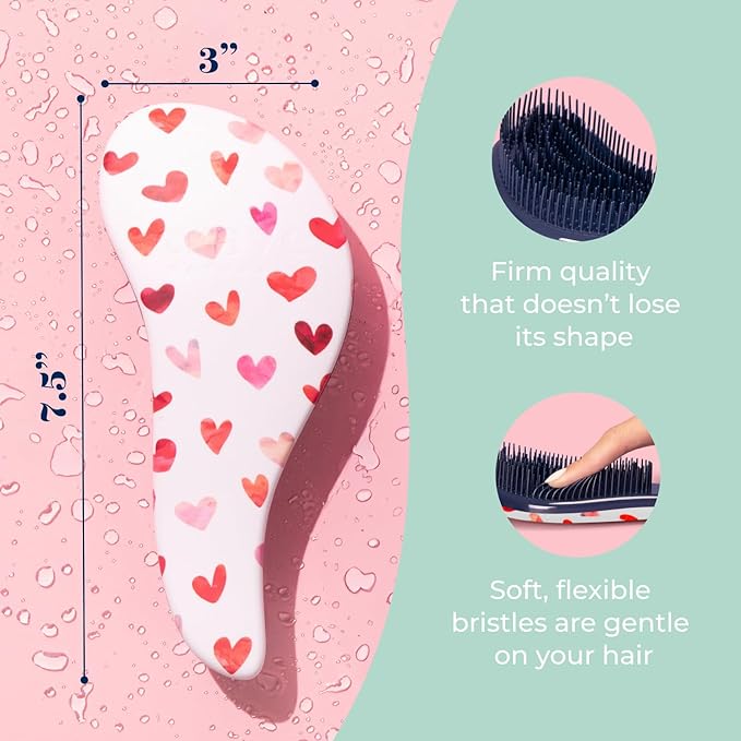 Crave Naturals Glide Thru Hair Brush - Detangler Brush for Curly, Straight, Wet or Dry Hair - Gentle Detangling Brusheses for Adults, Kids, Toddlers - Hair Accessories for Women, 7.5"x3" - Pink Hearts