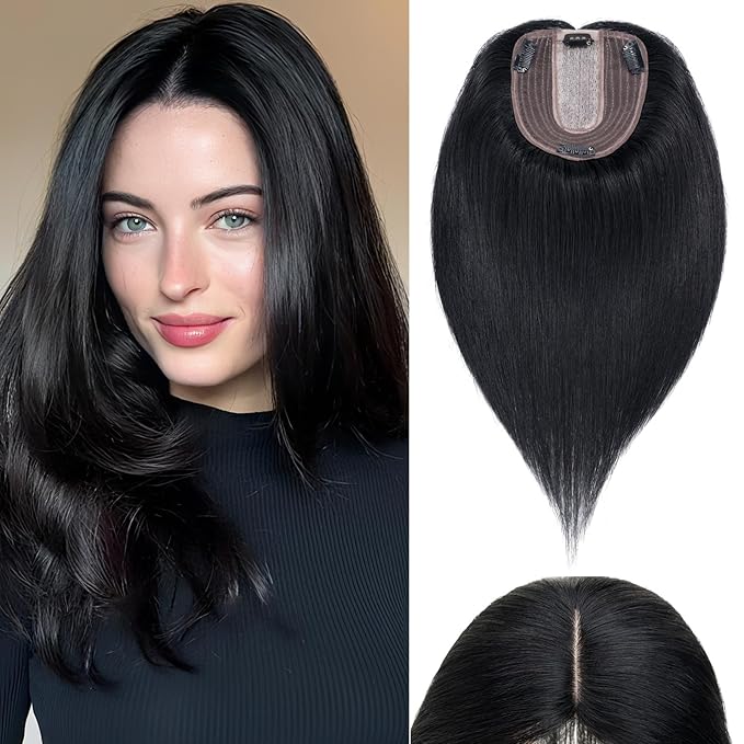 Rich Choices Hair Toppers for Women Real Human Hair 100% Human Remy Toppers NO Bangs for Women with Thinning on Top Clip in Hairpiece 4"x4.7"Lace Base 14 Inch #1 Jet Black