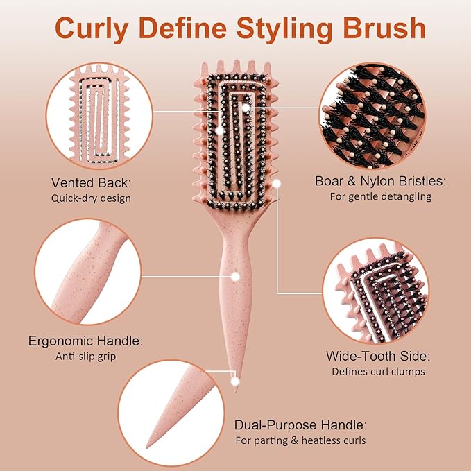 Curly Hair Brush, Curl Defining Brush with Soft Boar Bristles Detangling Tangled Glides, Wide-Teeth Design Effortlessly Shaping & Defining Curls, Curling Definer for Wet & Dry Hair (Beige)