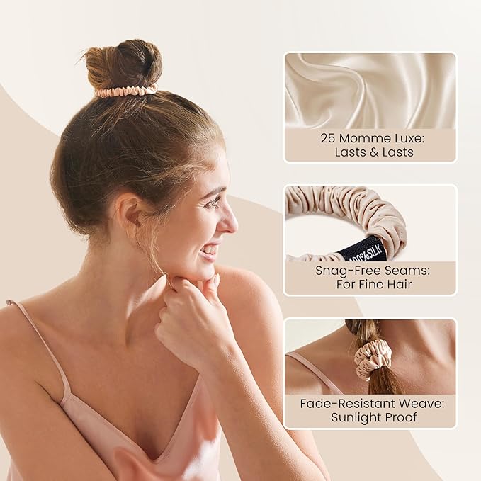 THXSILK 100% Mulberry Silk Scrunchies 3-Pack, 25 Momme Mulberry Silk Hair Ties for Women, Sleek Low Profile No Damage Ponytail Holders, for Fine Hair & Everyday Use, Beige