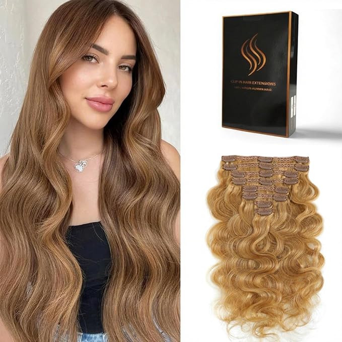 Clip in Hair Extensions Real Human Hair Body Wave 27 Honey Blonde Clip in 100% Brazilian Remy Human Hair Extensions 8pcs Per Set with 18 Clips Double Weft 22 Inch 110g/3.6oz
