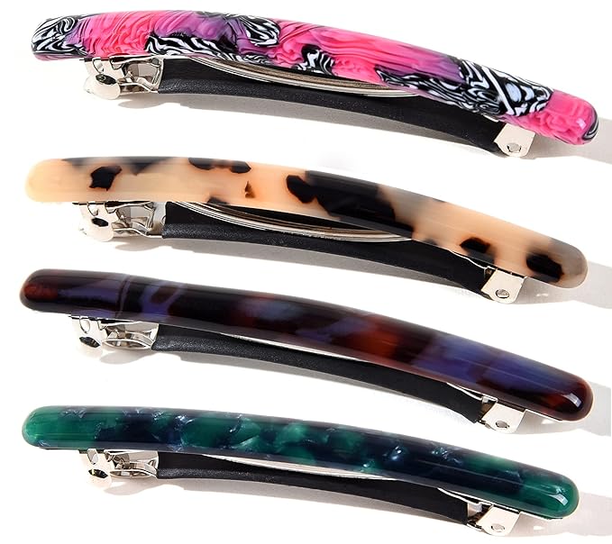Fsmiling Small Hair Barrettes for Women, 4pcs Tortoise Acetate Automatic Clips for Thin Hair