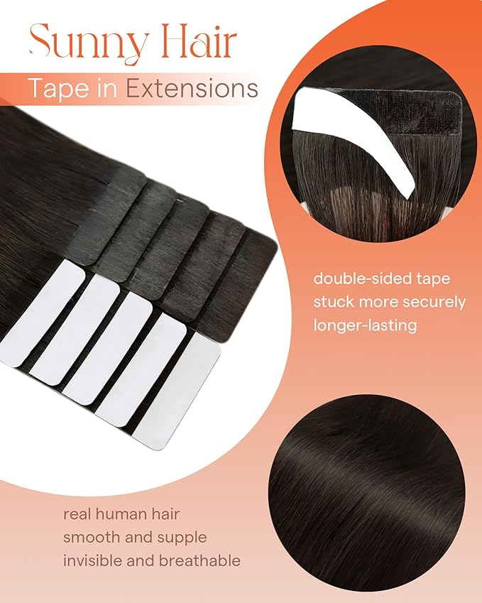 Sunny Hair Tape in Hair Extensions Real Human Hair Invisible Remy Hair Extensions Tape ins for Women Darkest Brown 18 inch 25G