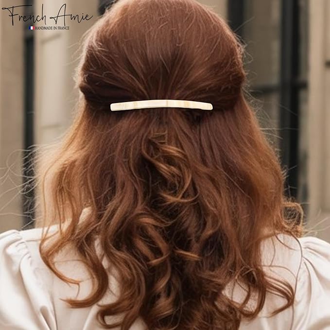 French Amie Long and Thin Large 4" Handmade Celluloid Hair Barrette Clip for Girls Automatic Strong Hold Hair Clips for Women No Slip Durable Paris Hair Accessories, Made in France (Cream Nougat)