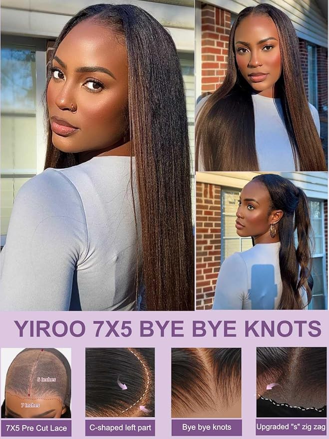 YIROO Bye Bye Knots Chestnut Brown Ombre Light Yaki Straight Wig Human Hair,7x5 Lace Front Glueless Wig with Drawstring,Pre Cut Pre Plucked Pre Bleached Knots Natural Hairline Wig for Women 26Inch