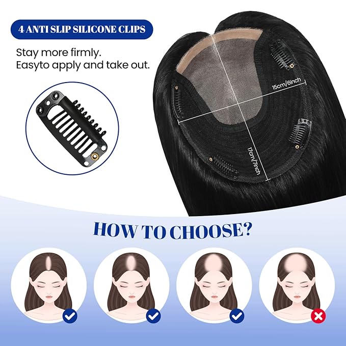 WORLDSTAR Human Hair Toppers for Women Real Human Hair No Bangs 6 * 7 Inch Base 12 Inch 55g #1 Jet Black Toppers Hair Pieces for Women with Thinning or Grey Roots (tp#1-12