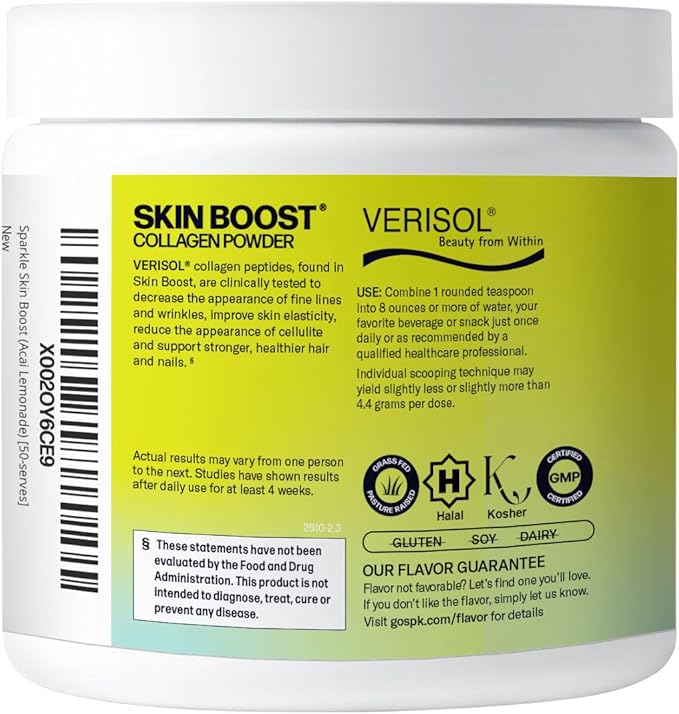 Sparkle Wellness VERISOL Bioactive Hydrolyzed Collagen Peptides & Vitamin C | Collagen Powder Supplement for Hair, Skin, and Nail Health | Skin Boost (Acai Lemonade) [50-Serves]