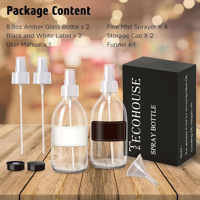Tecohouse 2 Pack Glass Spray Bottles, 250ml Small Glass Bottles for Cleaning Solutions, Spray Bottles for Essential Oils, Plants, with Durable Nozzle, Labels, Funnel - Clear