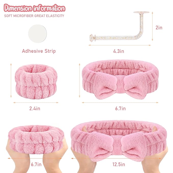 Face Wash Headband Set with Microfiber Wristbands and Holder - Absorbent Spa Wrist Scrunchies for Cleansing