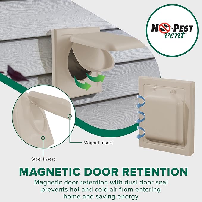 NO-PEST VENT, Exclusive Dual Door Dryer Vent Cover Outdoor 4 inch with Collar, Made in USA w Highest UV Resistant Plastic in any Outdoor Vent Cover (Tan, 4" Plastic WIth Collar)